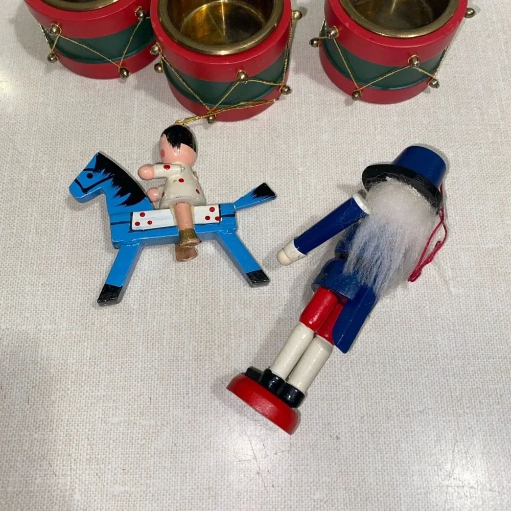3 VTG‎  Wooden Metal Votive Candle Holders Drums  + 2 Christmas Tree Ornaments